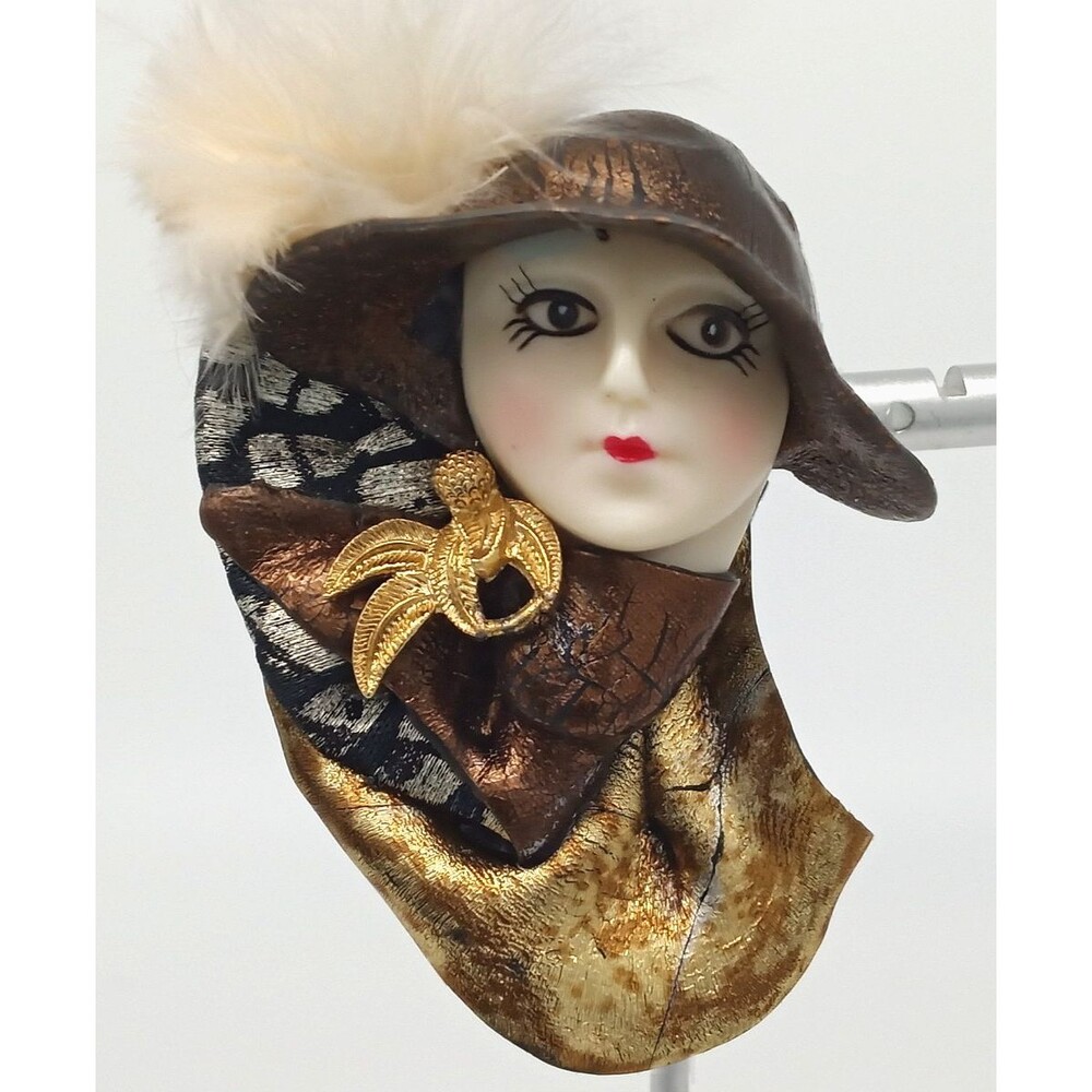 Figural Lady Brooch Brown Hat Scarf Feathers Gold Tone Pin Repaired Vintage